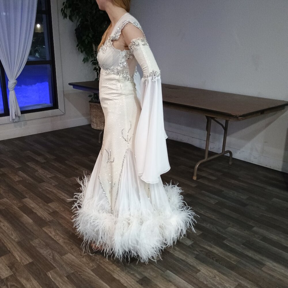 White Feathered International Ballroom Gown with Floaters - Picture 12 of 12